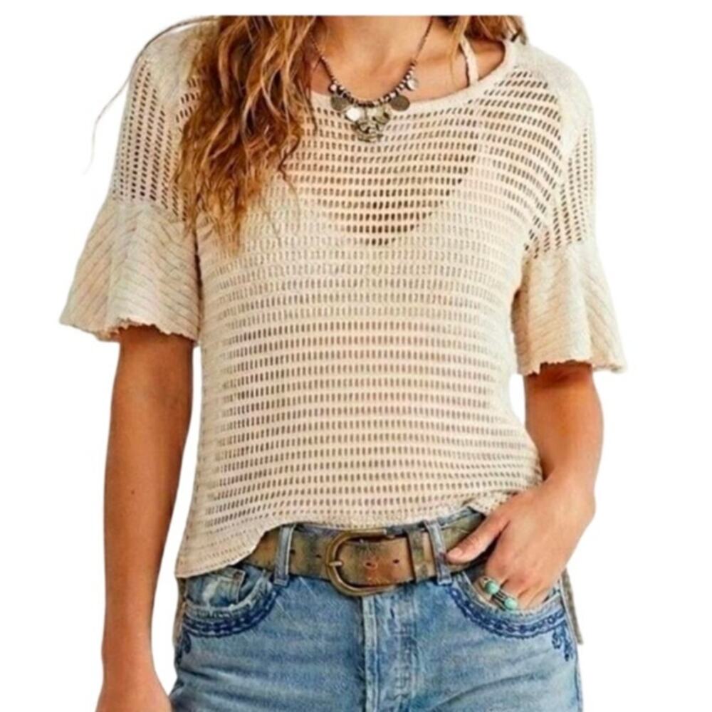 Boho Indie Festival Minimalist Chic Free People Beige Open‑Knit Sweater Size M